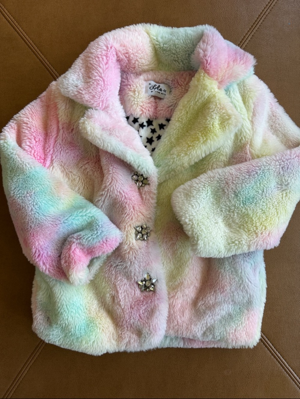Lola + The Boys Pastel Rainbow Faux Fur Coat with rhinestone buttons sz 2T
